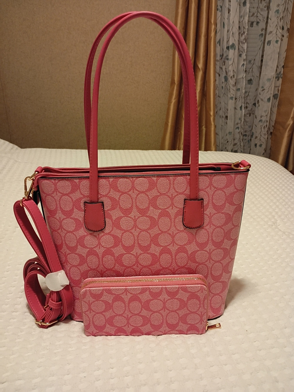 Pink Signature Pattern Tote with Matching Wallet - Picture 2 of 2